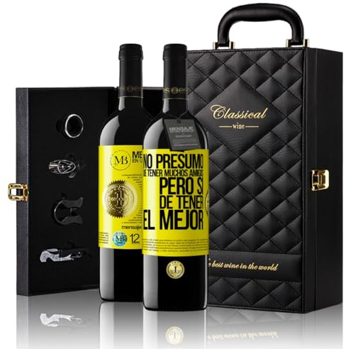 «No presumo de tener muchos amigos pero sí de...» Mensaje en una Botella. Estuche-Maletín de LUJO 2x Vino Tinto Premium Reserva 12 Meses y Set de 4 Accesorios. Etiqueta Amarilla PERSONALIZABLE