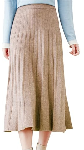 Beralst Damen Plissee Knit Sweater Midi Röcke, Khaki Kamel, Mittel
