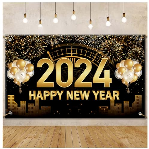 Happy New Year Banner Dekorationen, 180 x 100 cm, extra großer Stoff, Happy New Year Party Dekoration Supplies 2024 Feuerwerk Neujahr Hintergrund für NYE Dekorationen Silvester Party Supplies 2024