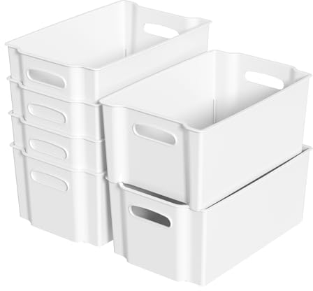 Vareone Stackable Storage Container with Handles, Fridge Organiser for Refrigerator, Kitchen, Pantry, Cabinet (6 Pack-White)