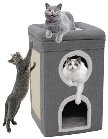 Cat House for Indoor, Large Cat Cave with Cat Scratching Board,Three Layer Condo With Cushions,Foldable Cat House for Cats 40 x 40 x 60 cm