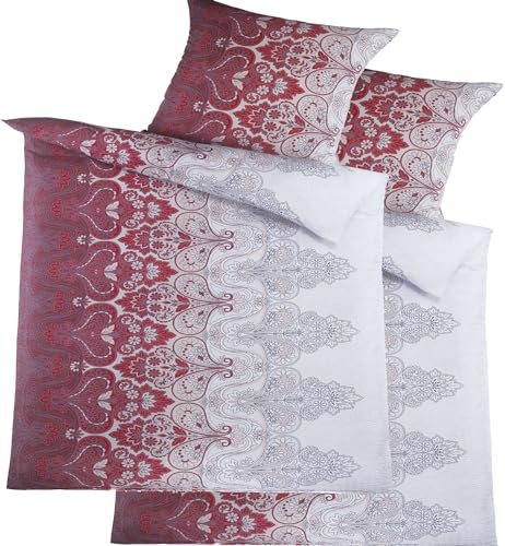 KH-Haushaltshandel 4-TLG. Seersucker Bettwäsche 2X 135x200 +80x80cm, rot grau weiß, Ornamente bügelfrei (W415510-)