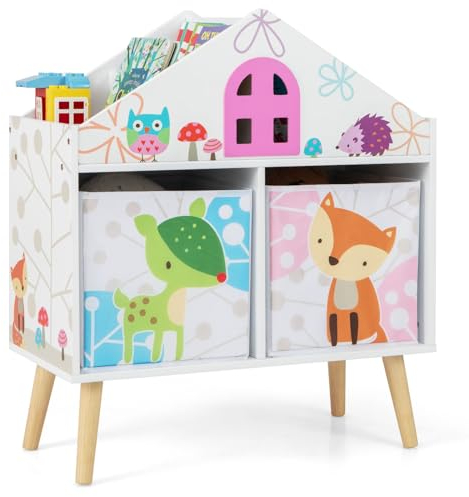 COSTWAY Kinderregal, Bücherregal Kinder mit 2 Aufbewahrungsboxen, Spielzeugtruhe Holz, Spielzeugregal für Kinderzimmer Spielzimmer, 62 x 30 x 72 cm