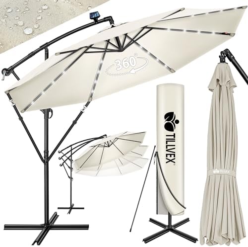 tillvex 350 cm Sombrilla Excentrico con 32 Luces LED Solar | Parasol para Terraza Jardín Balcón Patio | con Manivela y Base en Cruz, Giratorio 360º, Protección UV