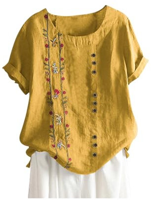 Donna Camicia Casual in Lino Camicia in Cotone e Lino Donna Maniche Corte Girocollo Taglie Forti Maglietta Ampia Elegante Estiva Stampa Floreale Moda Casual Camicie Bluse Tunica Top Tee T-Shirt