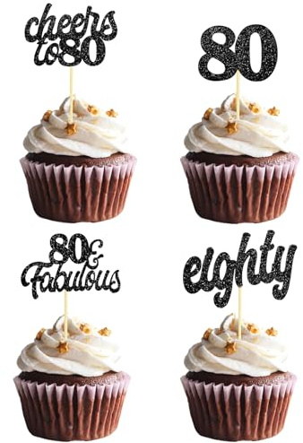 Teselife Tortendeko 80 Geburtstag Frau Mann, 24 Stück Glitzer Schwarz 80. Geburtstag Cupcake Topper Geburtstagsdeko von 1944 für 80er Geburtstag Party Torten Kuchen Deko
