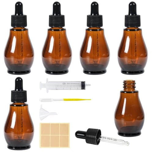 Nadisean Glass Dropper Bottles 30ml, 6 Pack Pear Shaped Amber Glass Bottle with Dropper, Refillable Pipette Dropper Bottle with Funnel Stickers for Oil Aromatherapy Blends Massage Perfumes