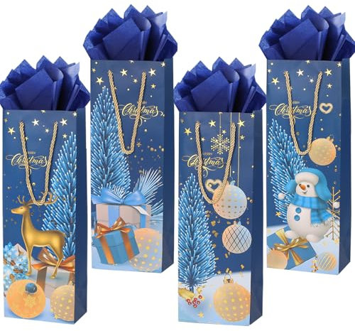 12 Pack Christmas Wine Gift Bag Wine Bottle Bag with Tissue Paper for Xmas Winter Holiday Party Supplies (Navy Blue)