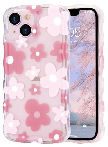 Micoden Cute Curly Wave Case for iPhone 14,Clear with Anti-Yellowing Flower Floral,Soft TPU Slim Bumper Shockproof Anti-Scratch Protective Wavy Cover for Girls Women-Pink