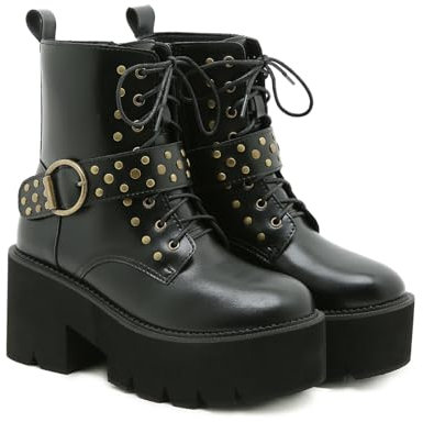 JZWBLDS Stivali Plateau Tacco A Blocco Gotico Punk Lacci Stivaletti con Fibbia Borchie da Donna,metà Polpaccio Stivali,Biker Stivali,Nero,Nero,40 EU