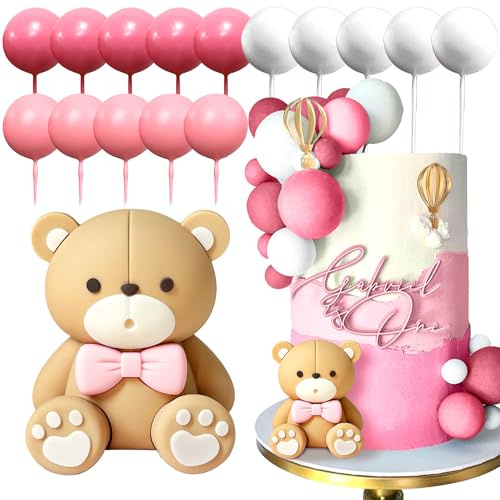 JeVenis Teddybär Tortendeko Taufe Mädchen 1 Jahr Rosa Kuchen Dekoration | Teddybär Tortendeko Taufe Mädchen Kuchen Dekoration 1 Jahr Rosa Teddybär Kuchen Dekoration für Hochzeit Babyshower Geburtstag