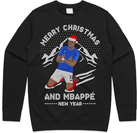 Sanfran Clothing Merry Christmas And Mbappe New Year Christmas Sweatshirt Xmas France Funny Football World Cup Jumper Sweater Age 12 / Black