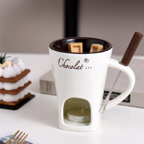 Chocolate Fondue Set - 130ml Ceramic Chocolate Fondue Mug | Chocolate Melting Cup with Forks | Multifunctional Cheese Butter Chocolate Melting Mug | Simmer Mug for Caramel | Butter Warmers Pot