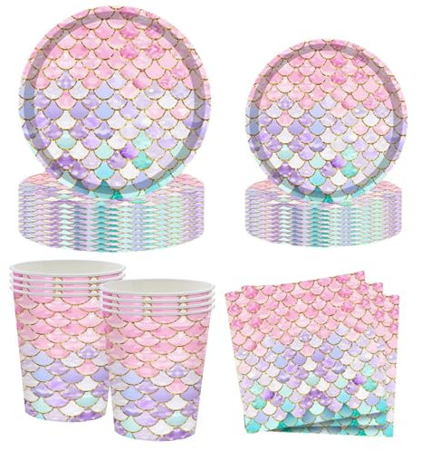 50 Stück Meerjungfrau Partygeschirr Set,Meerjungfrau Geburtstag Deko,Geburtstag Party Geschirr für Party Deko Set Kindergeburtstag Teller Becher Servietten,10 Gäste
