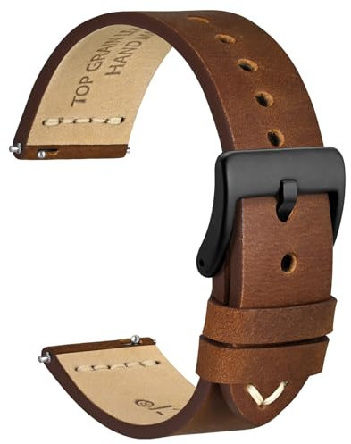 WOCCI 24mm Antikes Uhrenarmband für Herren, Sattelleder, Schwarze Schnalle (Karamellbraun)