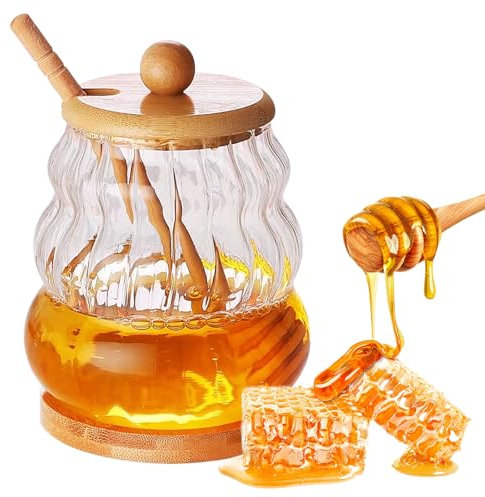 Dzmuero Honigkännchen, 400 ml, Honigtopf mit Löffel aus Holz, Honiglöffel, Honigspender, versiegelter Glasbehälter, Honigtopf mit großer Öffnung