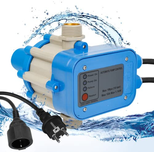 Vigevee Pumpensteuerung Trockenlaufschutz, Druckschalter 10 bar mit Baranzeige, Druckwächter für Wasserpumpen, Hauswasserwerk,Gartenpumpen, mit Kabel und Stecker, Blau
