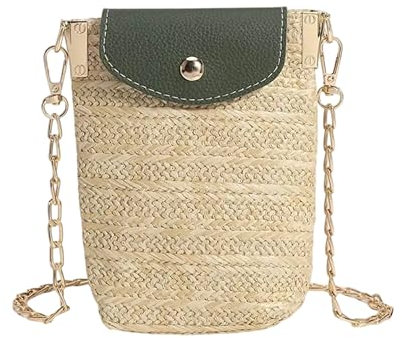 Mabecol Damen Umhängetasche aus Naturstroh – Kleine Strandtasche mit Magnetverschluss, Schultertasche Damen für Alltag & Reisen, Sommer Beach Bag, Stilvolle Tasche für Frauen (Grüne Halskette)