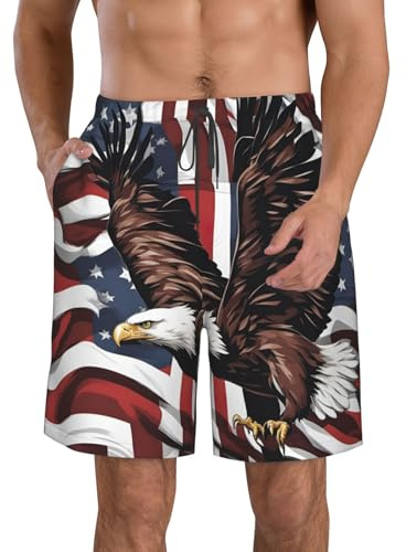 Herren-Shorts, Motiv: Adler mit USA-Flagge, Hawaii, lässig, Strand-Shorts, schnell trocknend, Badehose mit Taschen