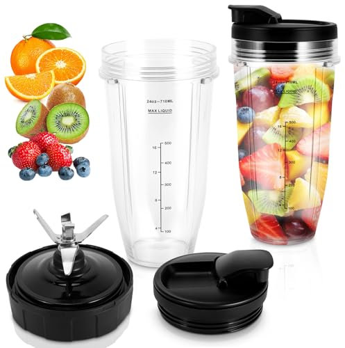 5 Pieces Ninja Blender Replacement Parts, 2X 710ml Cups and 2X Spout Lids and 1x Blade with Compatible Ninja Auto Blender Parts BL2012/BL2013/BL480/BL480D/BL481/BL482/BL486CO/BL487 etc