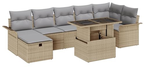 vidaXL 8-teiliges Garten-Sofa-Set mit Kissen aus Poly-Rattan | Modulare Gartenmöbel mit rechteckigem Couchtisch und Stauraum, UV-beständig, in hellgrau und beige für die Terrasse und den Außenbereich