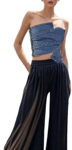 QOUERUUE Donna Denim Tube Top senza spalline irregolare rivetto cerniera laterale montato Y2k Jean Bandeau Crop Tops,Blu,XL