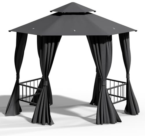 Warmiehomy 3.6M x 3.6M Hexagon Gazebo with 4 Detachable Railings, Metal Pergola with Double Tier Roof and Privacy Curtains, Large Garden Gazebos for Backyard, Party, Wedding, 360x360x265 cm, Dark Grey