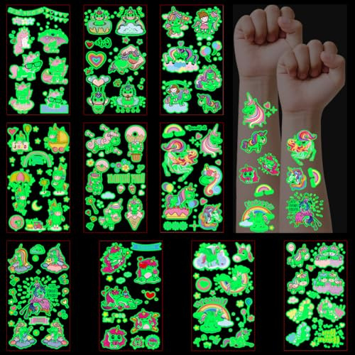 DiULi Leucht Kindertattoos, 10 Blätter Tattoo Kinder Leuchte Einhorn Tattoos Mädchen, Einhorn Sticker Kindergeburtstag Mitgebsel Festival Party Deko