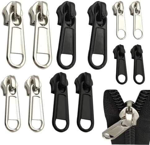 12 pezzi Zip Cursore Cerniera Ricambio, Cerniera Lampo Tira Sostituzione, 3/5/8, Tiretti per Cerniere, Zip Cerniera, Cerniera Tira Sostituzione Per Vestiti, Bagagli, Valigia, Nero, Argento