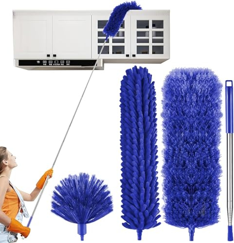Feather Duster Extendable, Dusters for Cleaning Kit with Telescoping Extension Pole 100 Inch, Long Handled Duster for Cleaning Cobwebs Ceilings Fans, Reusable Bendable (Blue)