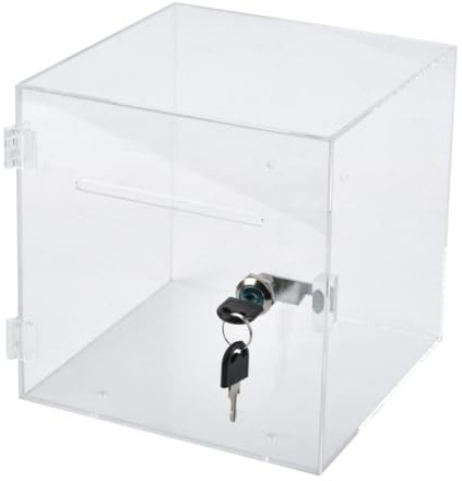 POUMUE Losbox aus Acrylglas mit Schloß in 200×200×200mm, Acryl Spendenbox Abschließbar, Spendenbox Durchsichtig, Spendendose/Aktionsbox/Gewinnspielbox/Transparent/Durchsichtig/Acryl/Plexi/2 Schlüssel