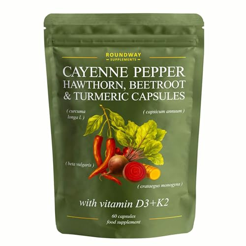 Cayenne Pepper Capsules with Hawthorn, Beetroot, Turmeric and Vitamin D3 K2 for Heart & Circulatory Support | 60 Capsules, 1 Month Supply | Made in The UK by Roundway Supplements