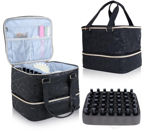Nail Polish Organizer Bag Holds 42 Bottles Nail Lamp,Detachable 2 Layers Nails Varnish Case Nail Varnish Storage Box,Cosmetic Travel Bag,for Nails Art Tools and Kit Supplies Organizer Case(Black)