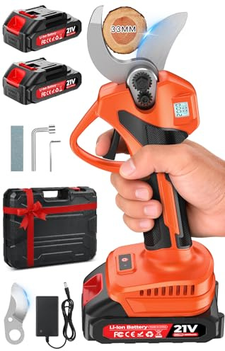 Sécateur Électrique Sans Fil avec Écran, Coupe de 25 à 33 mm, Secateur Electrique 1000 W Moteur Sans Balais & 21V 2 x 2000mAh Batteries, 4 à 6 heures D'autonomie, Kit Complet pour Verger et Jardin