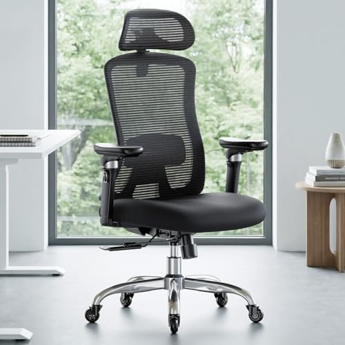 Marsail Bürostuhl mit 6D-Armlehnen, 3D-Verstellbarer Kopfstütze, Schiebesitz, Lendenwirbelstütze, 4-Position-Neigungsschloss – hoher und großer Schreibtischstuhl mit Kapazität von 150kg, Schwarz