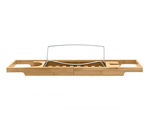 Nicol 9330500 Helge Badewannenablage mit Buchstütze, Wannentablett mit Glashalter, Badewannenauflage ausziehbar, Badewannenregal