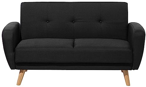 Beliani Canapé-Lit Convertible Moderne 2 Places Pieds Bois Hévéa Rétro en Tissu Rembourré Noir Florli