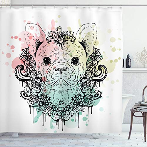 ABAKUHAUS Tier Duschvorhang, Französisch Bulldog Blumen, Stoffliches Gewebe Badezimmerdekorationsset mit Haken, 175 x 180 cm, Hellgrün Blassrosa