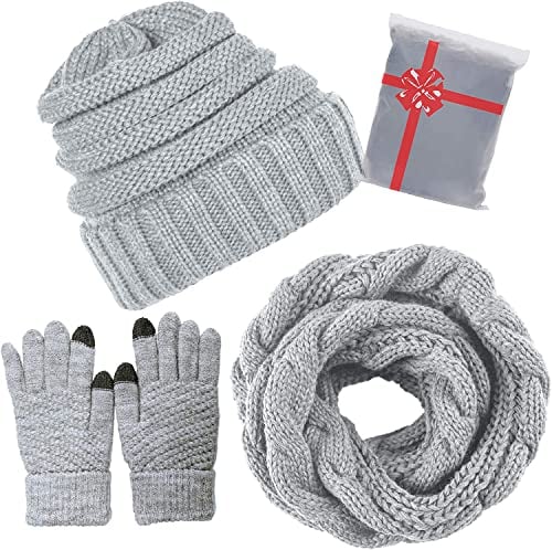 CheChury Winter Schal Strickmütze Kombiset Strickset Beanie Handschuhe Damen Schal Mütze Handschuhe Set Gestrickt Geschenkset Touchscreen-Handschuhe