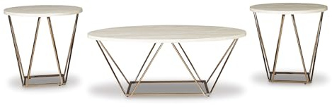 Signature Design by Ashley Tarica Modern 3 Piece Table Set, Includes Coffee & 2 End Tables, White & Gold