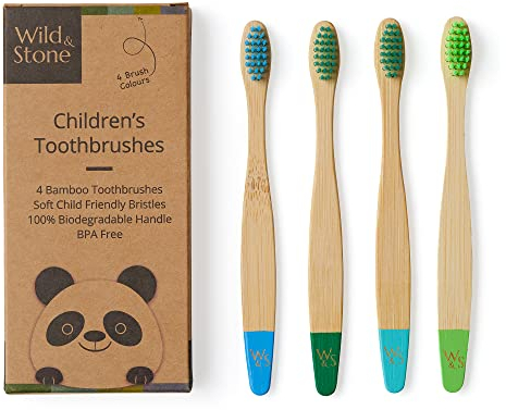 Wild & Stone | Bio-Kinderzahnbürste Aus Bambus | 4er-Pack | Weiche Faserborsten | 100% Biologisch Abbaubarer Griff | BPA-Frei | Vegane Umweltfreundliche Kinderzahnbürsten (Aqua)