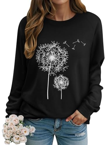Dresswel Women Dandelion Print Sweatshirts Crew Neck Jumpers Pullover Tops | Ladies Long Sleeve Top Basic Casual Floral Graphic Blouse Shirts