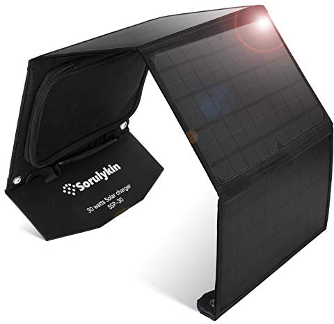 Panel solar plegable de 30 W, kit de cargador solar portátil para exteriores con dos puertos USB, salida CC para smartphones, iPad y más