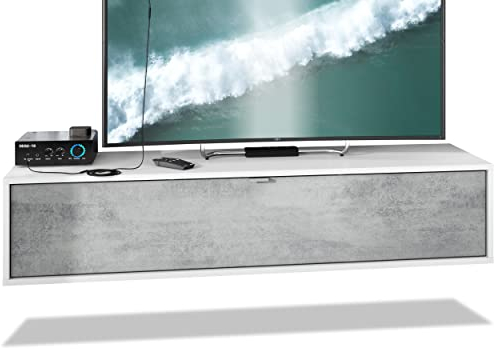Vladon TV Board Lana 140 Hängeschrank Lowboard 140 x 29 x 37 cm, Made in Germany, Korpus in Weiß matt, Fronten in Beton Oxid Optik | Große Farbauswahl