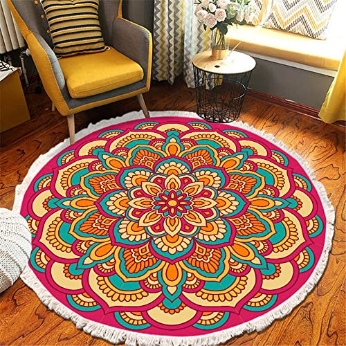 Treers Rotondo Tappeto in Cotone Tessuto a Mano con Nappe, Boho Tappeti Moquette Cotone Lavabile Tappetino per Cameretta Bagno Cucina, Home Decorazione Tappeti (120cm,Geometria)