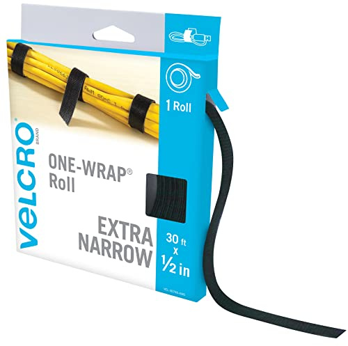 VELCRO Brand VEL-30765-AMS Extra Narrow Straps 1/2 in x 30ft Roll | Cut to Length Reusable Self-Gripping Tape | Organize and Bundle Electric Cords, Ropes, Cable Management Solutions, Wire Ties | Black