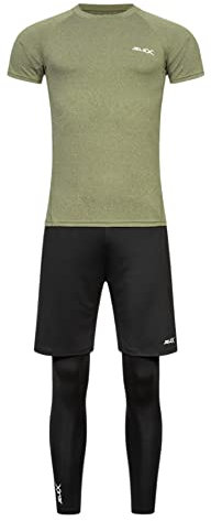 JELEX Sportinator Herren 3-teiliges Fitness-Set bestehend aus Shirt, Leggings und Shorts, für alle Sport- und Fitnessaktivitäten. In den Größen S bis XXL,(Grün, XL)