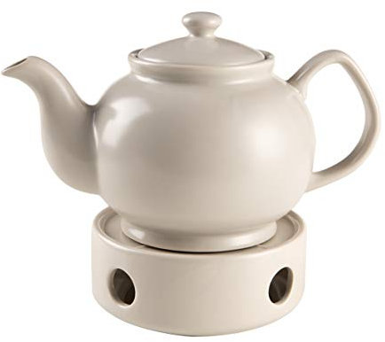 Baroni Home Teekanne aus Keramik mit Heizung, Teekanne mit Edelstahlfilter für Tee und Kaffee, 25 x 15 x 15 cm - 1000 ml, 3-4 Personen grau