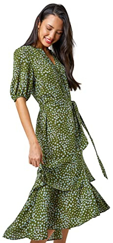 Roman Frill Dress for Women UK Ladies Summer Wrap Chiffon Frill Hem Layered Belted Midi Maxi Tiered Cape Special Occasion Fit & Flare Wedding Guest Swing Skater Khaki