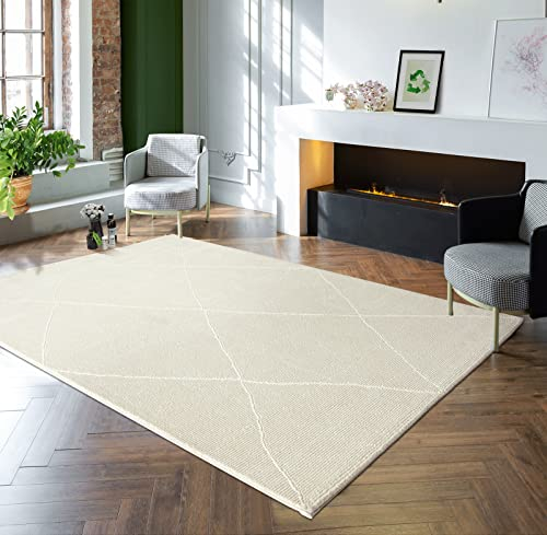 the carpet Lima nachhaltiger und umweltbewusster Designer Teppich, weich & pflegeleicht, 3D-Effekt, waschbar, Flor aus 100% recyceltem Polyester, Raute, Creme, 120 x 170 cm